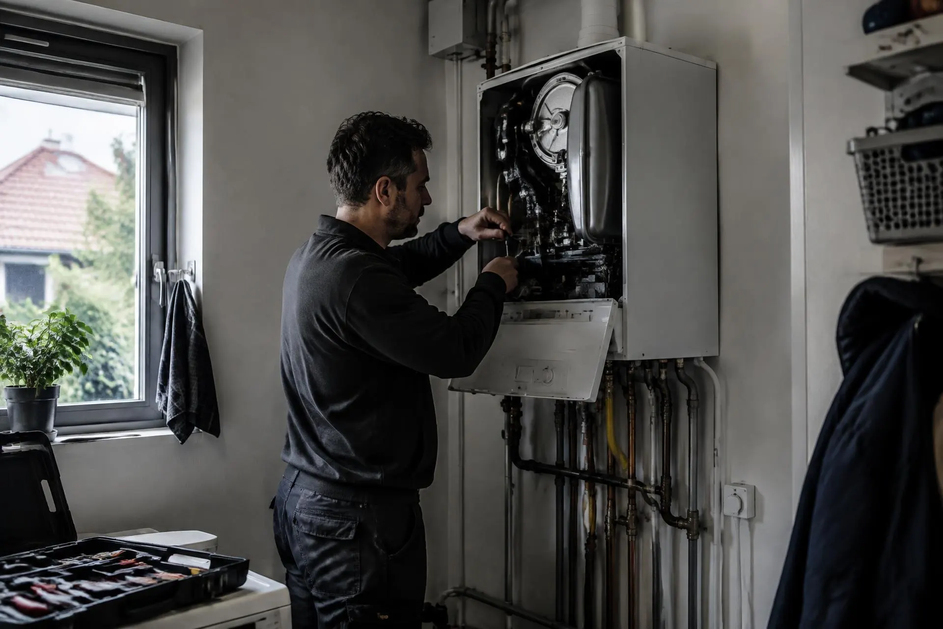 Monteur werkt aan een cv-ketel aan de muur