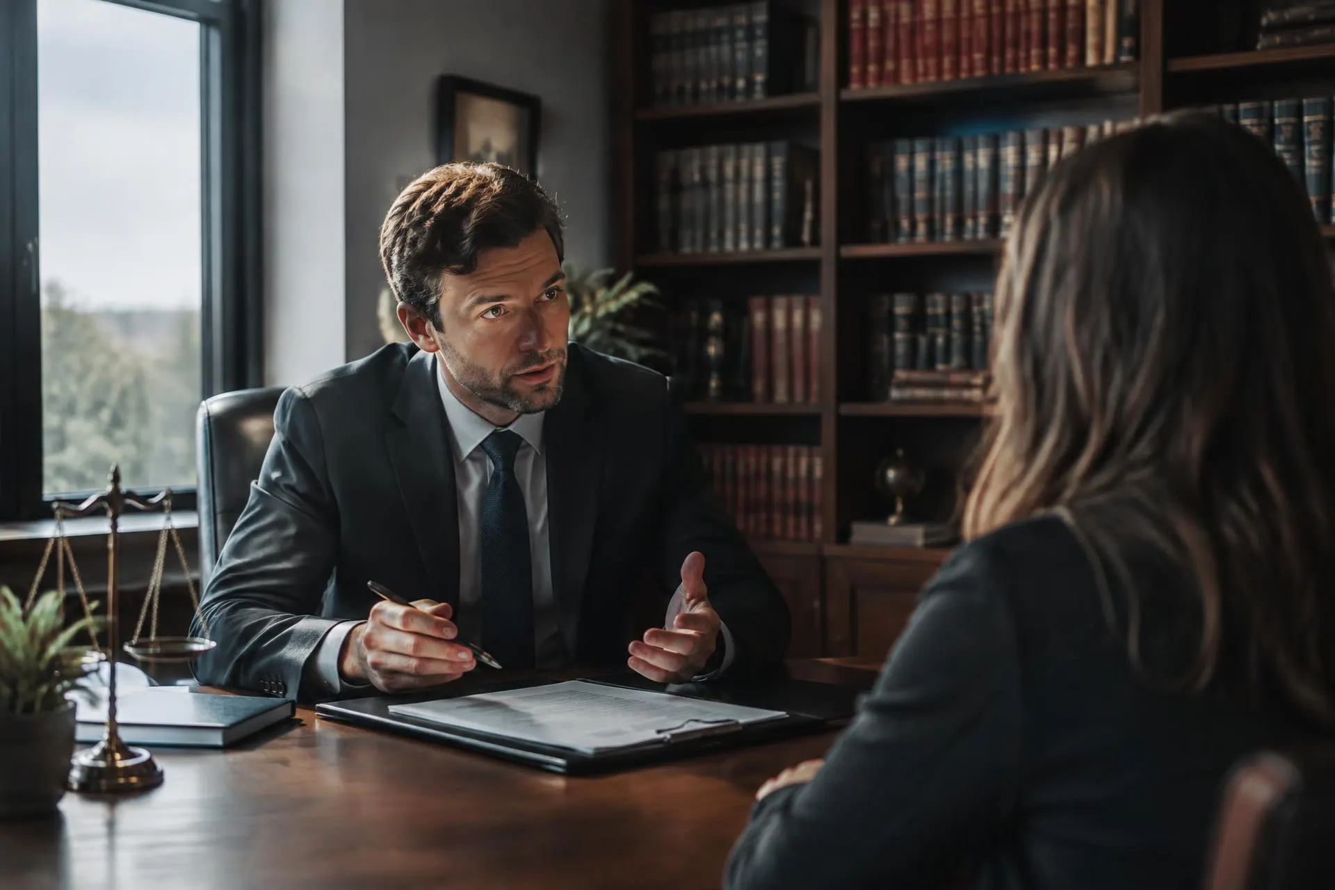 Advocaat in gesprek met een cliënt aan een bureau met documenten