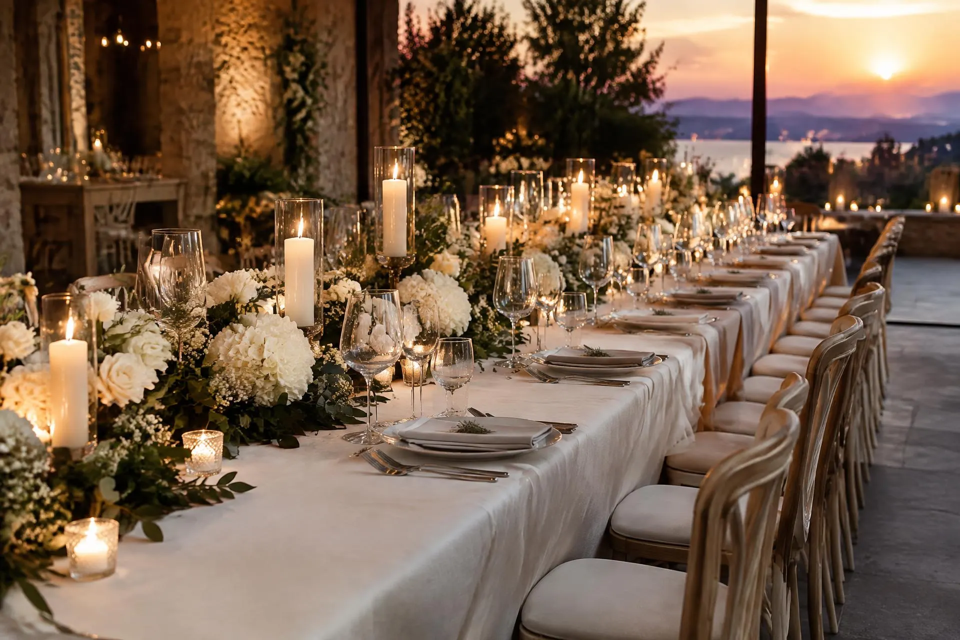Gedekte feesttafel met kaarsen en witte bloemen op een trouwlocatie